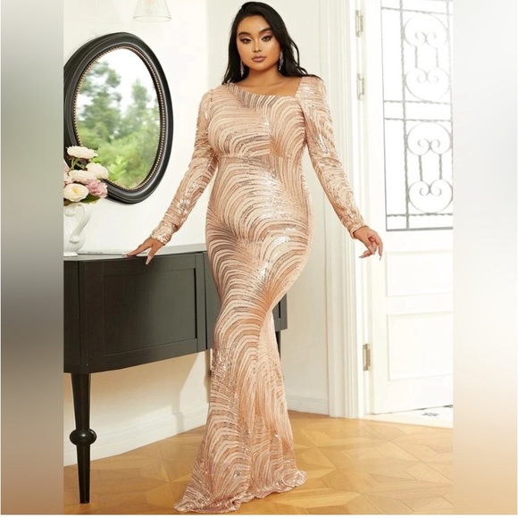 PLUS GOLD ASYMMETRICAL NECKLINE FORMAL MERMAID DRESS - Picture 7 of 11